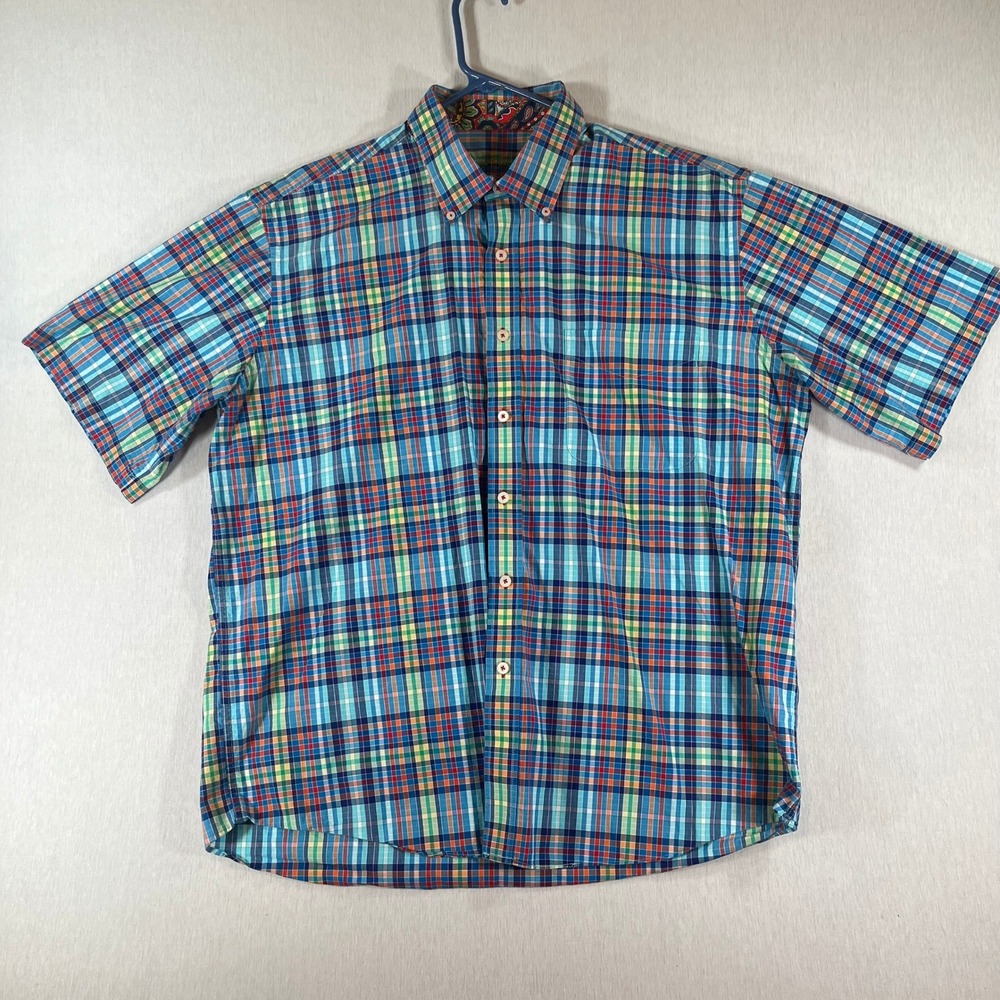 Alan Flusser Shirt Mens XL Short Sleeve Button Down Plaid Cotton Multicolor